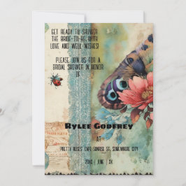 ヴィンテージエフエマブルーバタフライブライダルシャワー 招待状