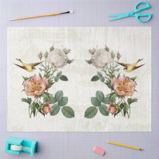 ヴィンテージエフエマラ植物鳥花デコページ 薄葉紙 (クラフト)