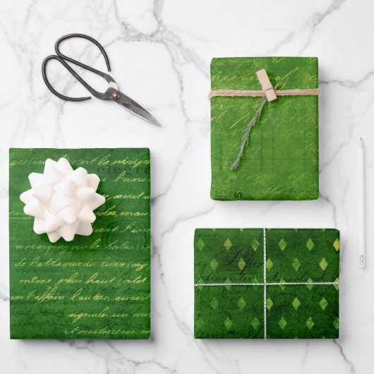 ヴィンテージエメラルドグリーングライマーグランジダマスクスクリプト ラッピングペーパーシート (正面)