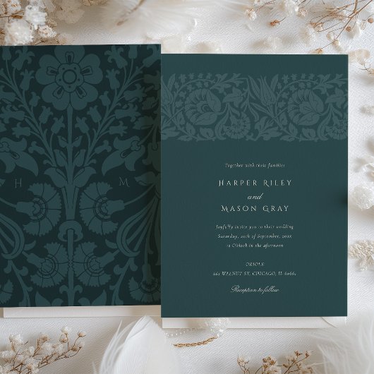 ヴィンテージエメラルドグリーンティール（緑がかった色）結婚フローラ 招待状