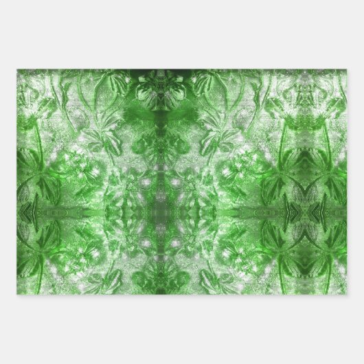 ヴィンテージエメラルドグリーンフラワーモチーフ白グリッター ラッピングペーパーシート (正面)