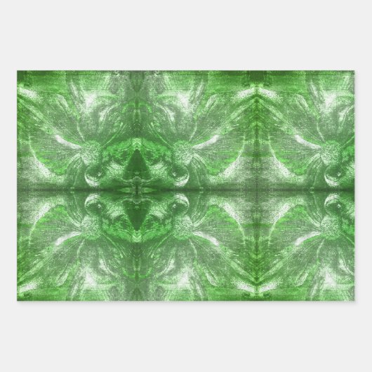 ヴィンテージエメラルドグリーンフラワーモチーフ白グリッター ラッピングペーパーシート (正面3)