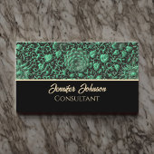 ヴィンテージエメラルドグリーンフローラバラと金ゴールドスクリプト 名刺