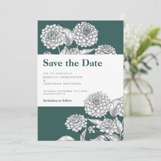 ヴィンテージエメラルドグリーンフローラ結婚式の日付を保存 招待状 (スタンド正面)