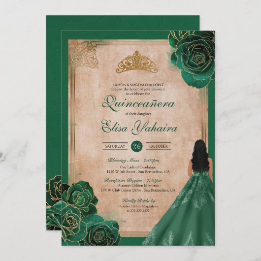 ヴィンテージエメラルドグリーン金ゴールドバラ王室のキンセアニェラ 招待状 (正面/裏面)