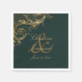 ヴィンテージエメラルドグリーン金ゴールドフローラダマスウェディング スタンダードカクテルナプキン