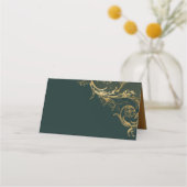ヴィンテージエメラルドグリーン金ゴールドフローラダマスウェディング プレイスカード (裏面)