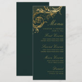 ヴィンテージエメラルドグリーン金ゴールドフローラダマスウェディング メニュー (正面/裏面)