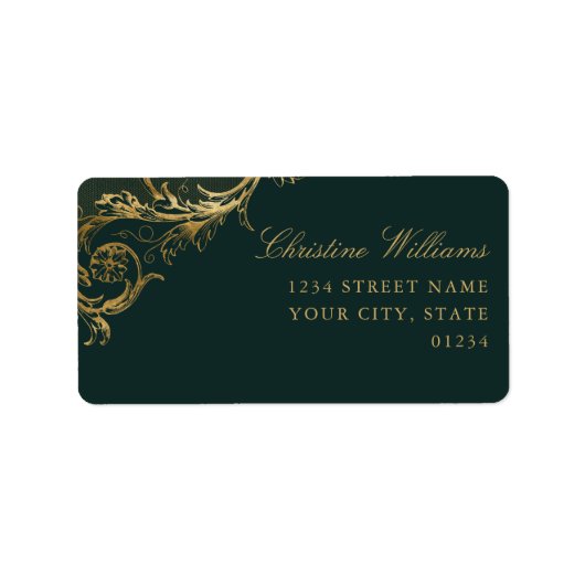 ヴィンテージエメラルドグリーン金ゴールドフローラダマスウェディング ラベル (正面)