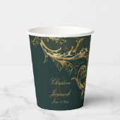 ヴィンテージエメラルドグリーン金ゴールドフローラダマスウェディング 紙コップ (裏面)