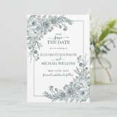 ヴィンテージエメラルドフローララインアートフォト日付を保存 招待状 (スタンド正面)