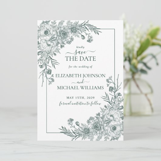 ヴィンテージエメラルドフローララインアートフォト日付を保存 招待状 (スタンド正面)