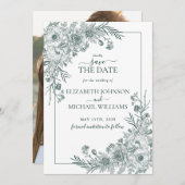 ヴィンテージエメラルドフローララインアートフォト日付を保存 招待状 (正面/裏面)