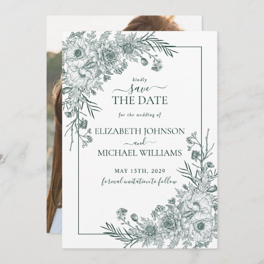 ヴィンテージエメラルドフローララインアートフォト日付を保存 招待状 (正面/裏面)