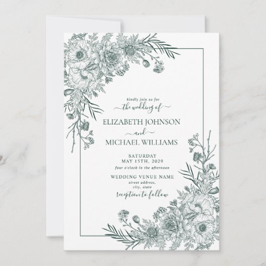 ヴィンテージエメラルドフローララインアートフォト結婚ズ 招待状 (正面)
