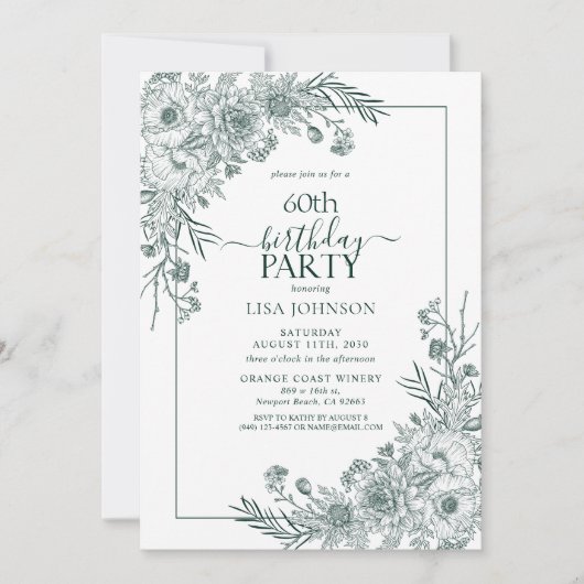 ヴィンテージエメラルドフローララインアート60誕生日 招待状 (正面)