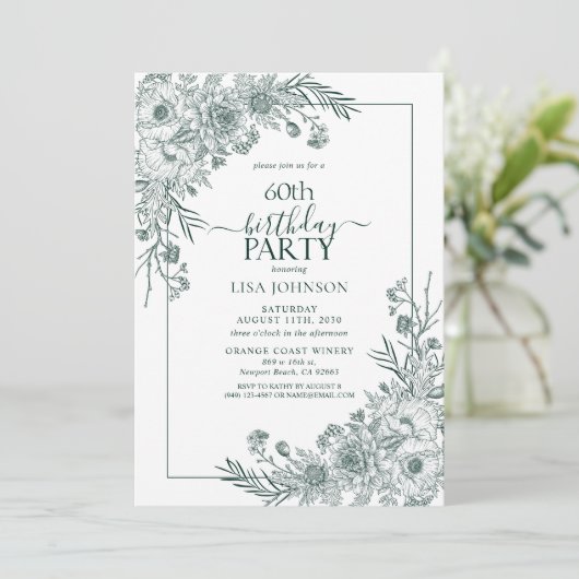 ヴィンテージエメラルドフローララインアート60誕生日 招待状 (スタンド正面)