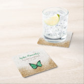 ヴィンテージエメラルド素朴グリーン金ゴールドバタフライスクアール スクエアペーパーコースター (インサイチュ)