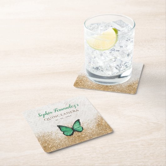 ヴィンテージエメラルド素朴グリーン金ゴールドバタフライスクアール スクエアペーパーコースター (インサイチュ)