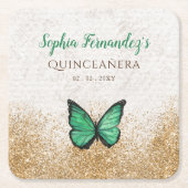 ヴィンテージエメラルド素朴グリーン金ゴールドバタフライスクアール スクエアペーパーコースター (正面)