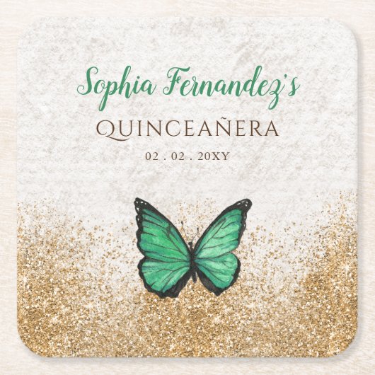 ヴィンテージエメラルド素朴グリーン金ゴールドバタフライスクアール スクエアペーパーコースター (正面)