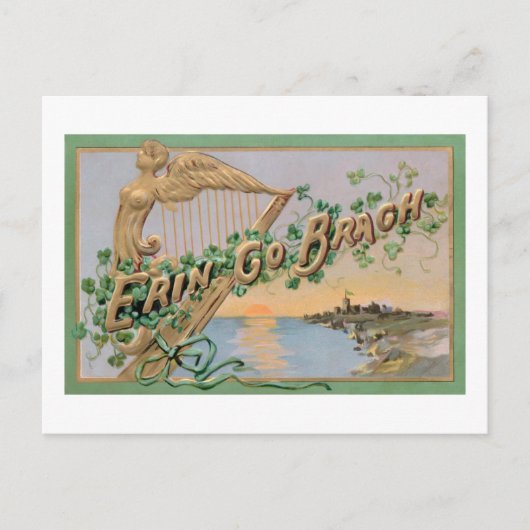 ヴィンテージエリンゴーブラグ、金ゴールドアイリッシュハープ&シャムロック シーズンポストカード (正面)