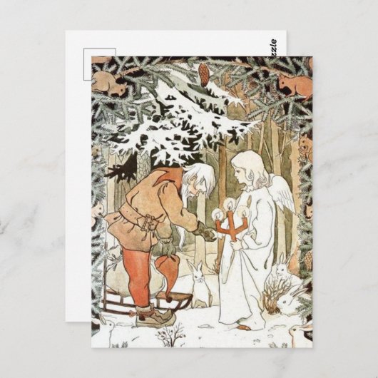 ヴィンテージエルサベスコウクリスマスエンジェルウィンターシーン ポストカード (正面/裏面)