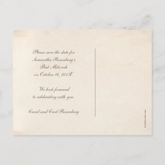 ヴィンテージエルサレムバルミツワー日付をピンクに保つ 案内ポストカード (裏面)