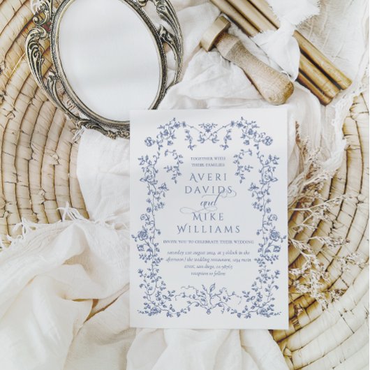 ヴィンテージエレガンスほこりっぽい青い花結婚枠 招待状