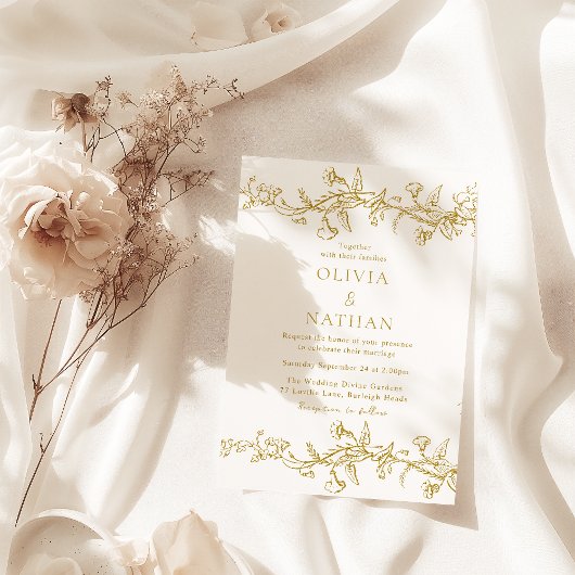 ヴィンテージエレガンスクラシック:金ゴールドフローラ結婚の 招待状