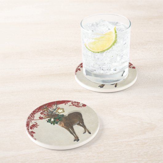 ヴィンテージエレガンスクリスマスディア〔雄ジカの〕枝角ダマスク コースター (側面)