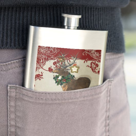 ヴィンテージエレガンスクリスマスディア〔雄ジカの〕枝角ダマスク フラスク (インサイチュ)