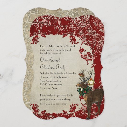 ヴィンテージエレガンスクリスマスディア〔雄ジカの〕枝角ダマスク 招待状 (正面/裏面)