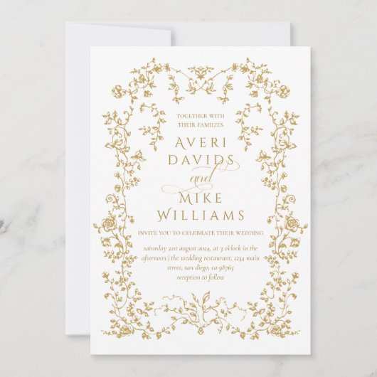 ヴィンテージエレガンスゴールデンフラワーフレーム結婚ズ 招待状 (正面)