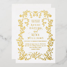 ヴィンテージエレガンスゴールデンフラワーフレーム結婚ズ 箔招待状
