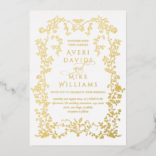 ヴィンテージエレガンスゴールデンフラワーフレーム結婚ズ 箔招待状 (正面)