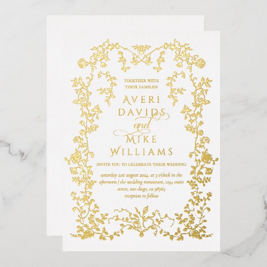 ヴィンテージエレガンスゴールデンフラワーフレーム結婚ズ 箔招待状 (正面/裏面)
