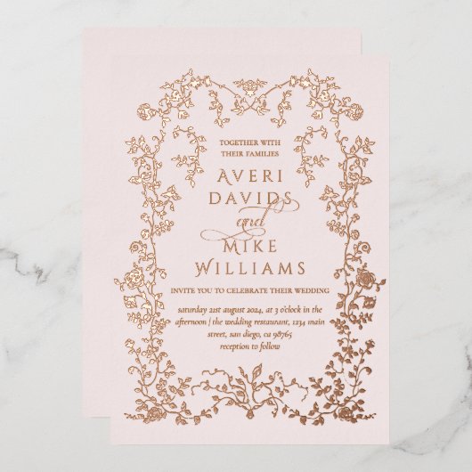 ヴィンテージエレガンスゴールデンフラワーフレーム結婚ズ 箔招待状 (正面/裏面)