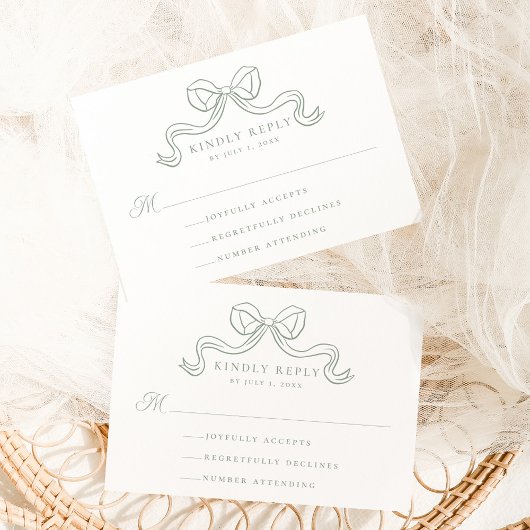 ヴィンテージエレガンスセージグリーンボウウェディングRSVP エンクロージャーカード