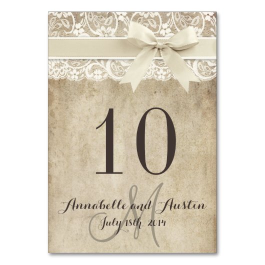 ヴィンテージエレガンスリボン結婚レーステーブルカード テーブルナンバー (正面)