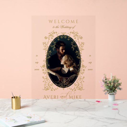 ヴィンテージエレガンス金ゴールド花結婚写真のWelcom アクリルサイン (ウェディング)
