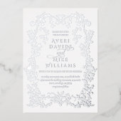 ヴィンテージエレガンス銀の花の枠結婚の 箔招待状 (正面)