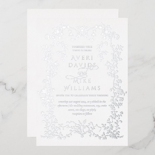 ヴィンテージエレガンス銀の花の枠結婚の 箔招待状 (正面/裏面)