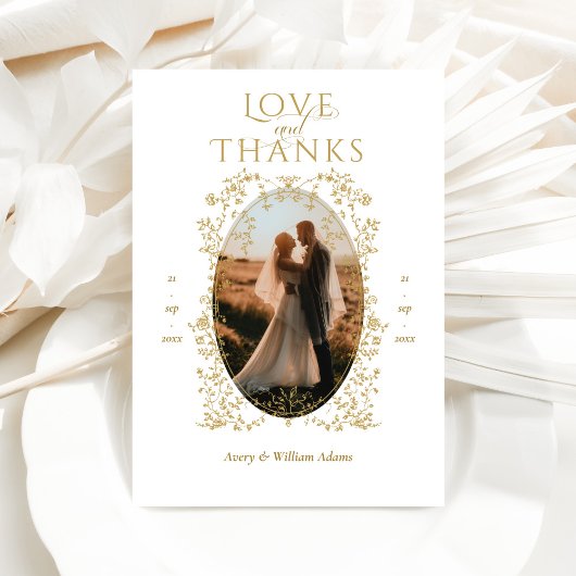 ヴィンテージエレガンス黄金の花結婚写真 サンキューカード