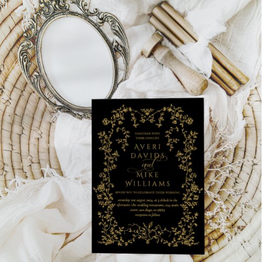 ヴィンテージエレガンス黒金ゴールドフラワーフレーム結婚ズ 招待状