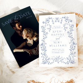 ヴィンテージエレガンス ダスティーブルーの花フレーム ウェディング セーブザデート