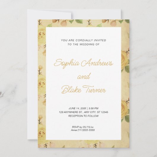 ヴィンテージエレガントと黄色のフローラ結婚 招待状 (正面)