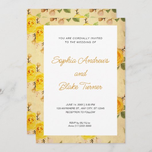 ヴィンテージエレガントと黄色のフローラ結婚 招待状 (正面/裏面)