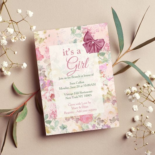 ヴィンテージエレガントなバラ色の花の女の子のベイビーシャワー 招待状