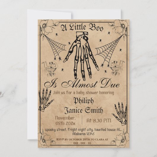 ヴィンテージエレガントな不気味さ、ハロウィンのベイビーシャワー 招待状 (正面)